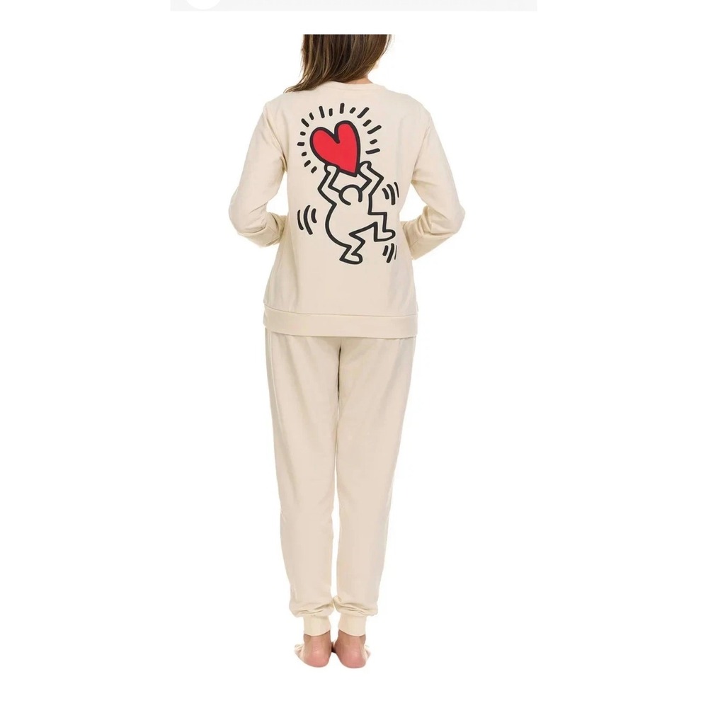Keith Haring Loungewear Set Womens L Cream Sweater Joggers Heart Art Graphic